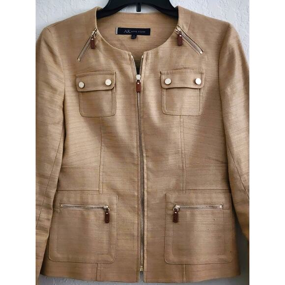 JACKET-ANNE KLEIN-Gold-Cotton Linen Blend-Zippers-Long Sleeves-Lined-Size SMALL - Picture 3 of 15